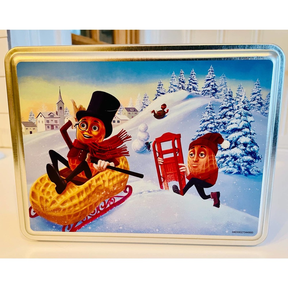 Vintage Planters Mr. Peanut Tin Winter Themed 8”x6”x2”